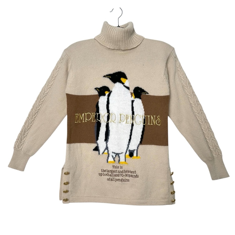 Kitschy Cottagecore Penguin 100% Wool Cable Knit Embroidered Mock Neck Sweater